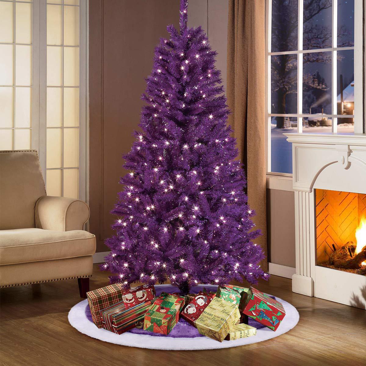 Christmas Tree Purple Coral Velvet Embroidered Letters Snowflake Tree Skirt - Image 5