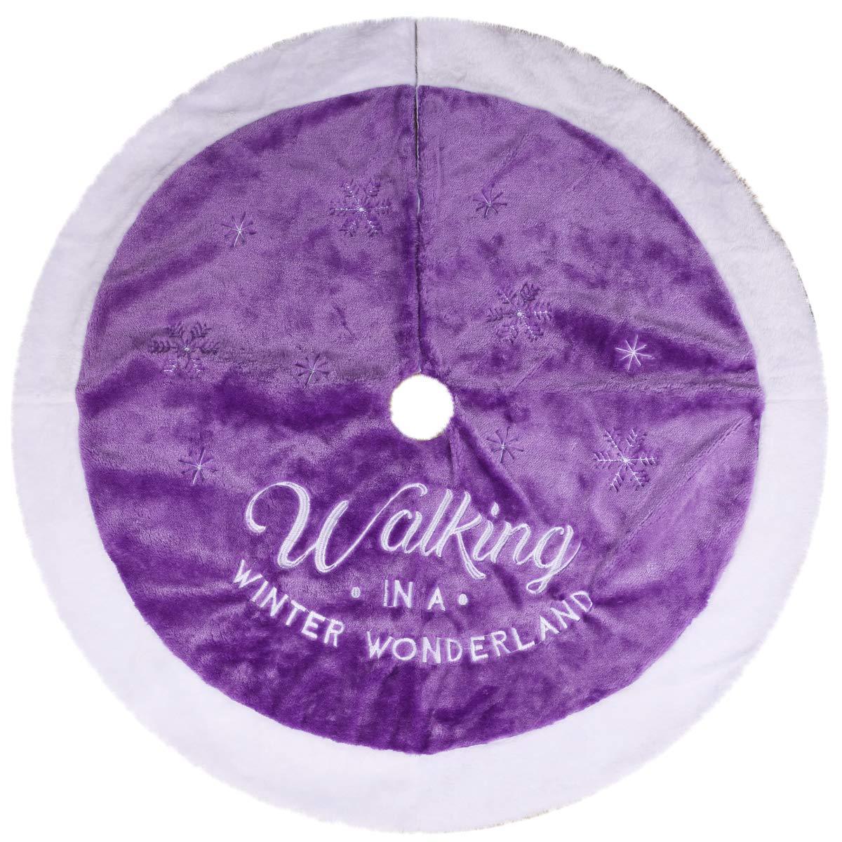Christmas Tree Purple Coral Velvet Embroidered Letters Snowflake Tree Skirt - Image 6