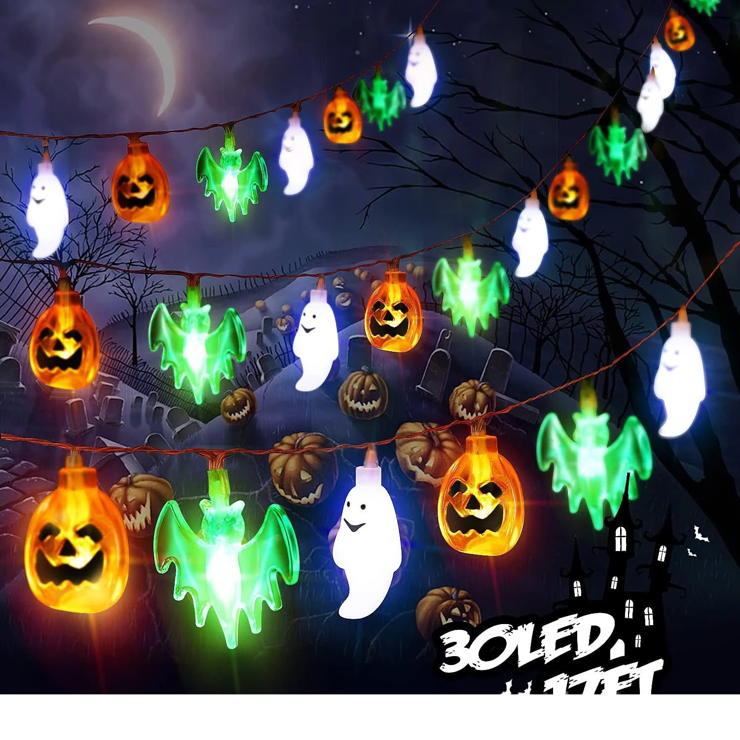 Colourful Lights String Halloween Decoration Spider Bat Ghost - Image 3