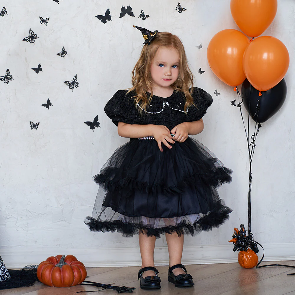 Girls' Fashion Halloween Mesh Stitching Puff Sleeve Dress - Image 4