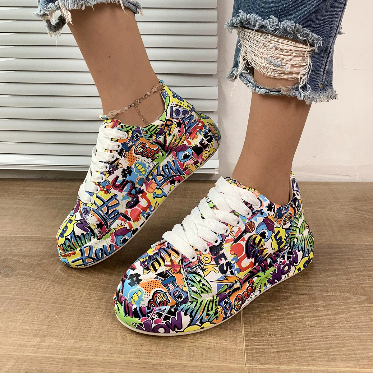 Halloween Cartoon Print Flats Fashion Graffiti Flats Shoes Platform Lace-up Round Toe Sports Shoes - Image 13