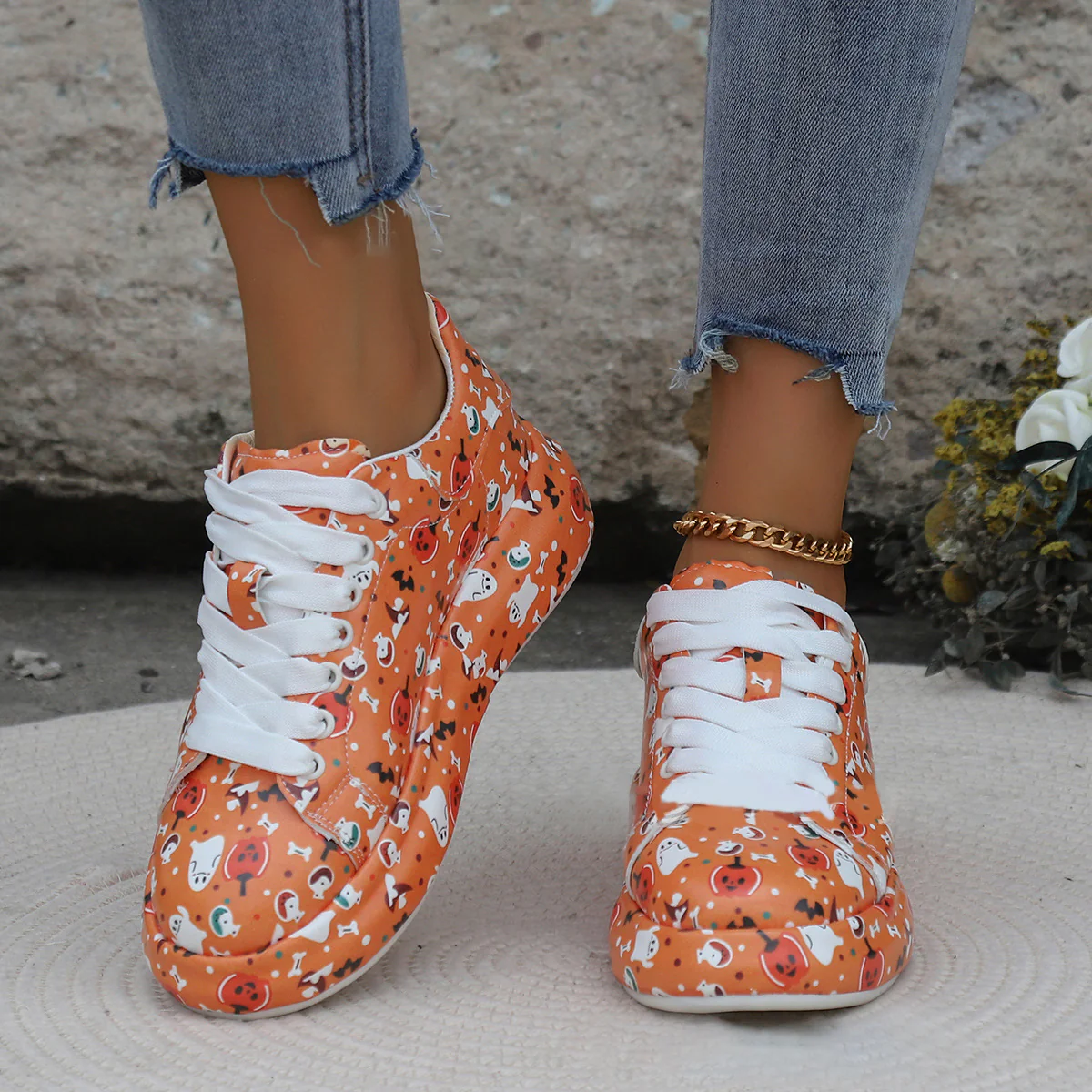 Halloween Cartoon Print Flats Fashion Graffiti Flats Shoes Platform Lace-up Round Toe Sports Shoes - Image 2
