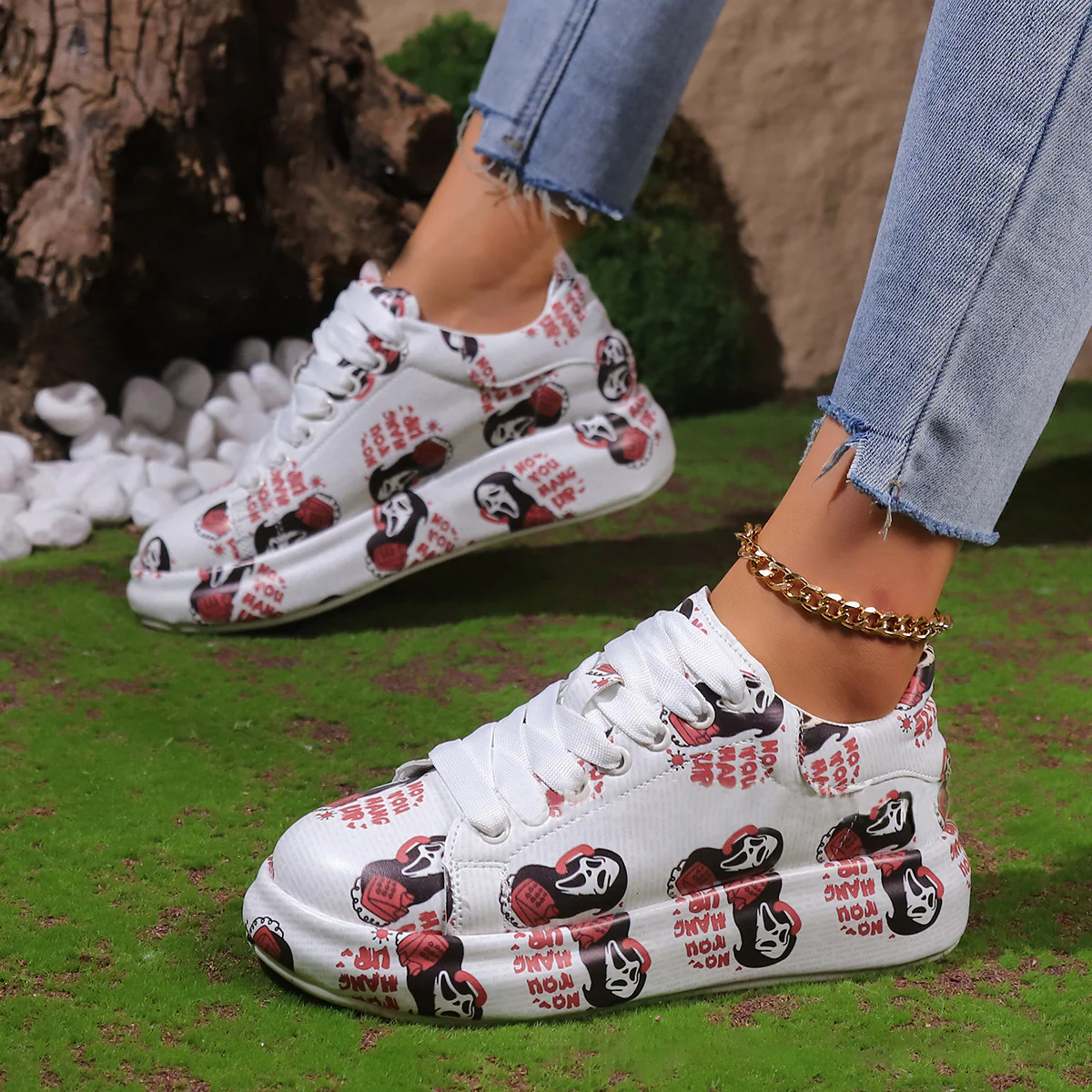 Halloween Cartoon Print Flats Fashion Graffiti Flats Shoes Platform Lace-up Round Toe Sports Shoes - Image 3