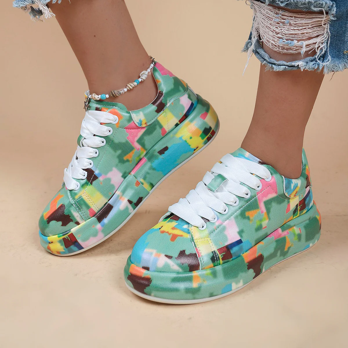 Halloween Cartoon Print Flats Fashion Graffiti Flats Shoes Platform Lace-up Round Toe Sports Shoes - Image 9