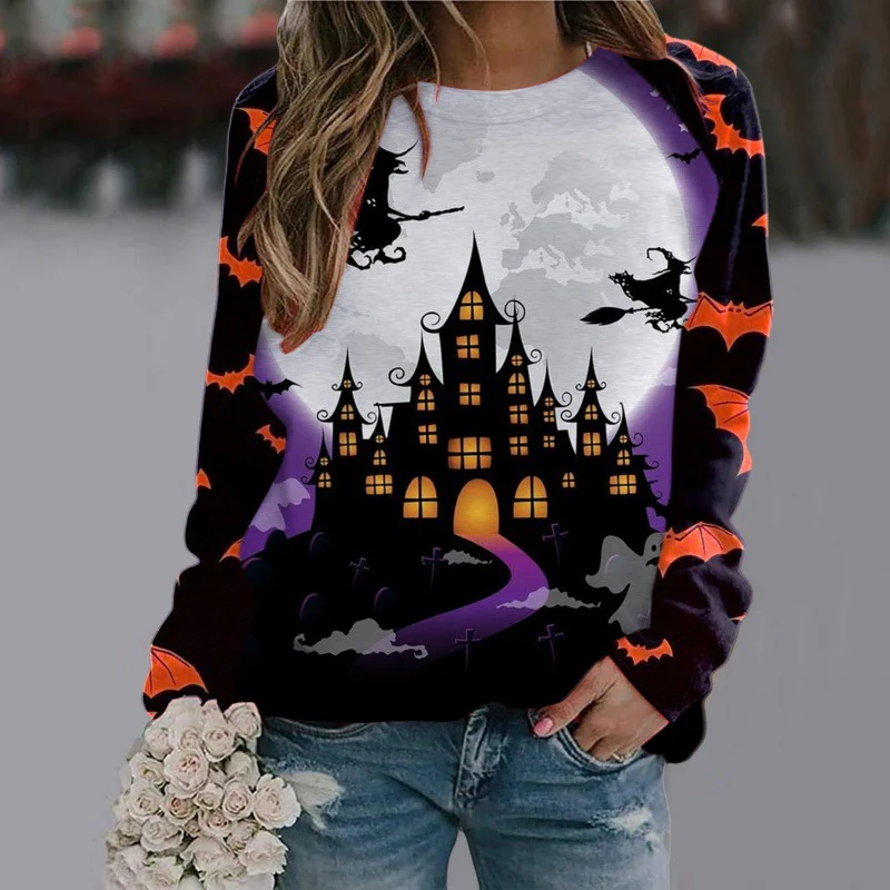 Halloween Cartoon Print Sweatshirt Long Sleeve Pullover Tops Women - Image 6