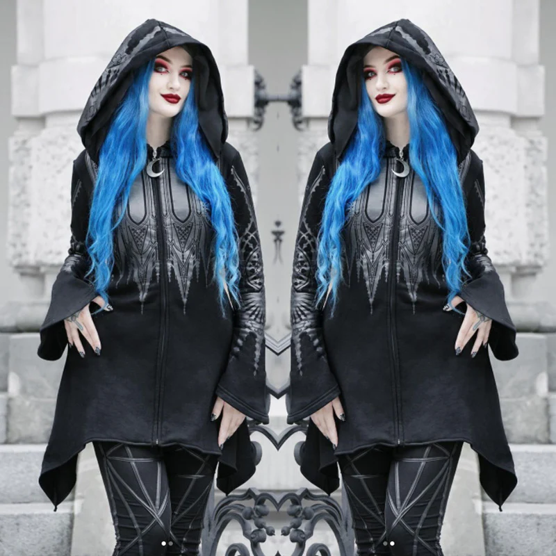 Halloween Cosplay Hoodie Women's Punk Black Long Hooded Printed Sweater