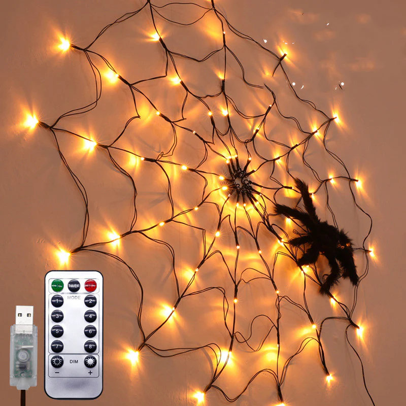 Halloween Led Spider Web String Light 5v Remote Control 8 Modes Net Mesh Decor Led Light - Image 2