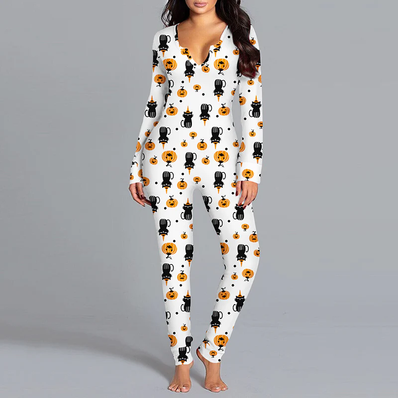 Halloween Printed Jumpsuit Long Sleeve Home Pajamas Casual Trousers Women's Cos Clothing - Image 10
