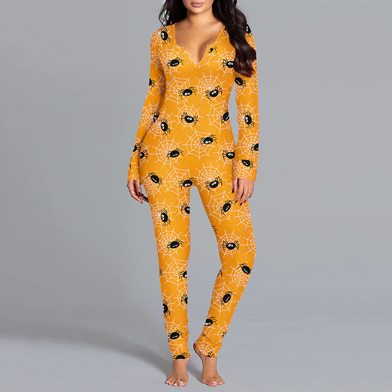 Halloween Printed Jumpsuit Long Sleeve Home Pajamas Casual Trousers Women's Cos Clothing - Image 12