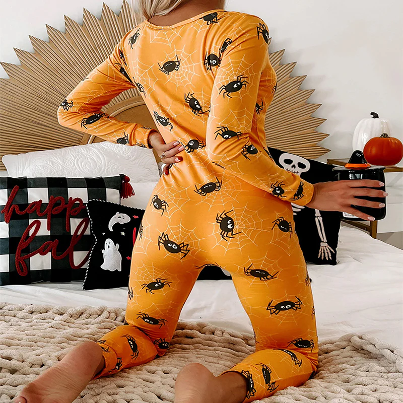 Halloween Printed Jumpsuit Long Sleeve Home Pajamas Casual Trousers Women's Cos Clothing - Image 7