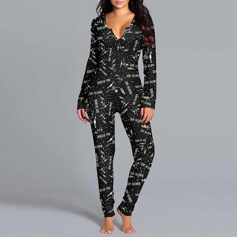 Halloween Printed Jumpsuit Long Sleeve Home Pajamas Casual Trousers Women's Cos Clothing - Image 9