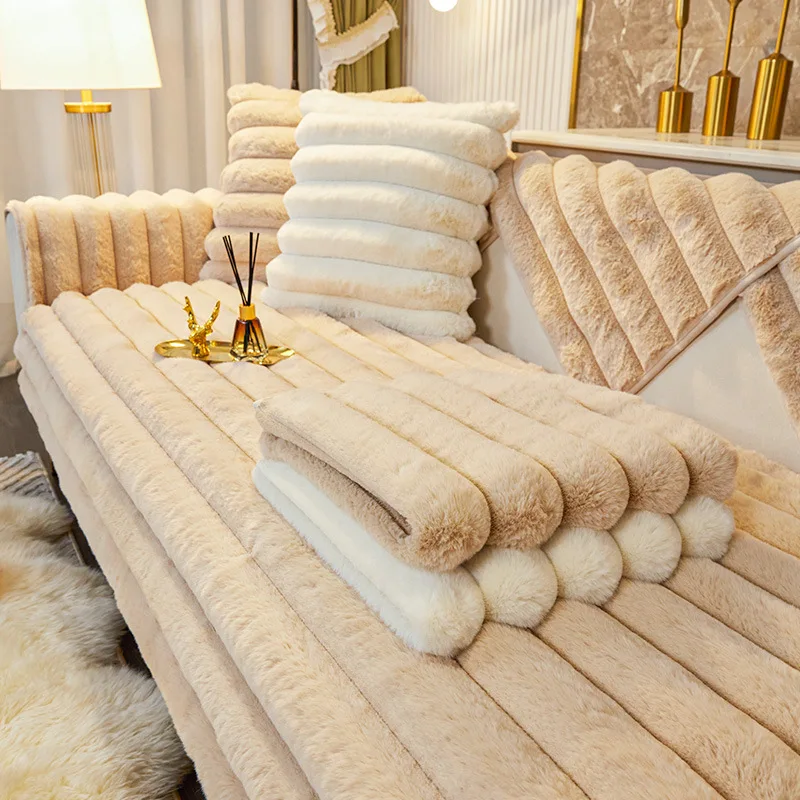 Rabbit Plush Thickened Winter Sofa Cover - Image 4