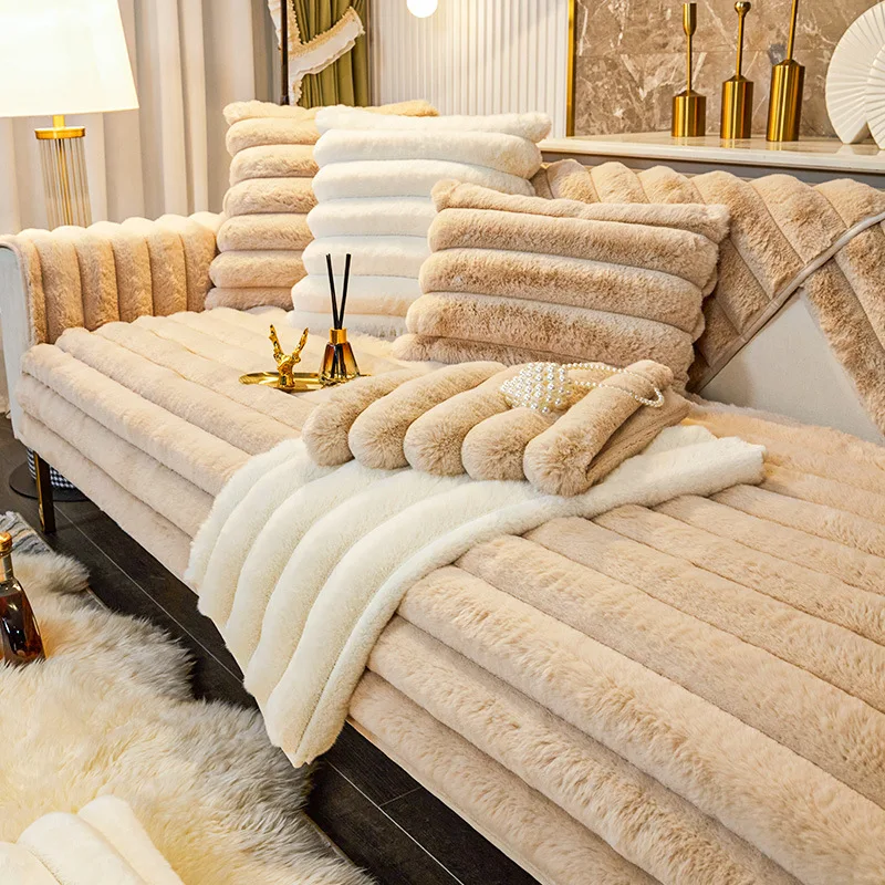 Rabbit Plush Thickened Winter Sofa Cover - Image 6