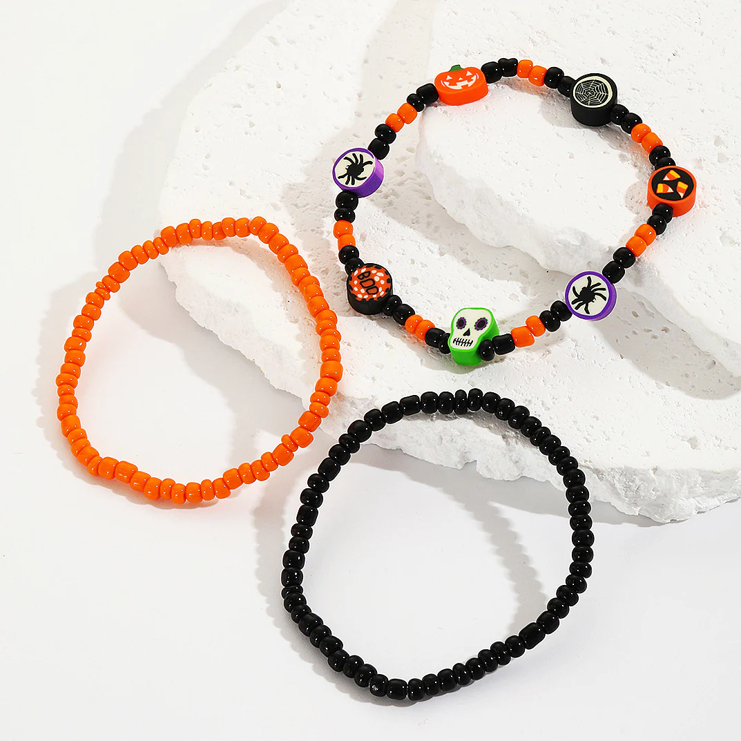 Yellow Red Pumpkin Skull Pendant Halloween Bracelet - Image 2